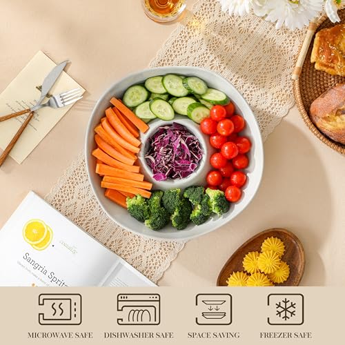 MALACASA Servierplatte für Chips und Dips, 30.5 cm Großer Teller mit Dipschalen für Chips & Salsa, Nacho & Dips, Obst, Vorspeisenplatte für Partys und Gäste, Khakigrau