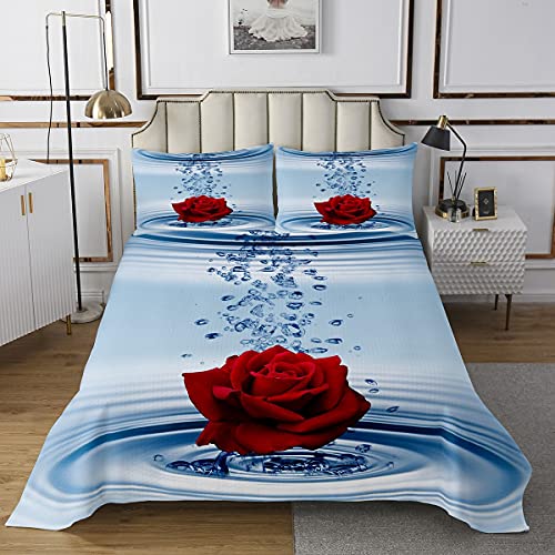 feelingyou Edredón de 220 x 240 cm, diseño de flores, con 2 fundas de almohada, diseño de gotas de agua, color azul puro, acolchado, para niños, adolescentes, habitaciones, regalo, 3 unidades