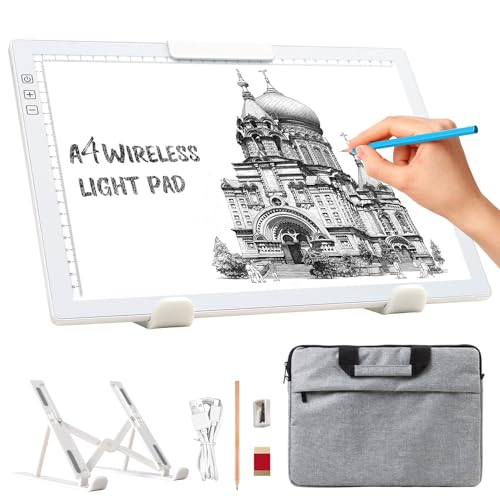 elice Placa luminosa DIN A4 con bolsa/soporte, mesa luminosa recargable A4, portátil con 6 niveles de brillo y atenuación sin niveles, caja de luz para pintura de diamantes, dibujo, bocetos (blanco)
