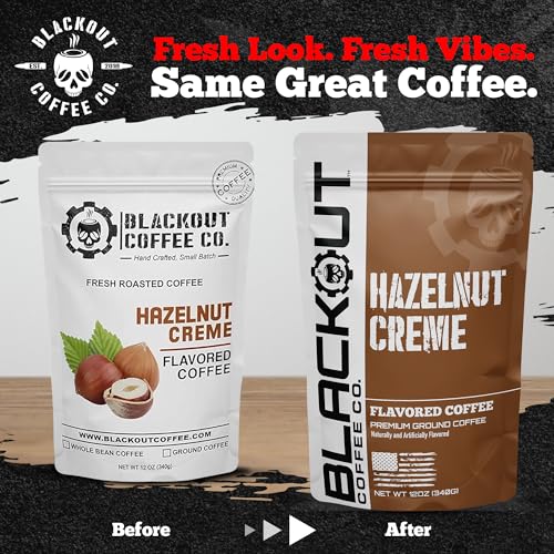 Blackout Coffee Hazelnut Creme Flavored Ground Coffee – Medium Roast, Smooth Taste, Guilt-Free Indulgence – Freshly Roasted 12oz Bag.
