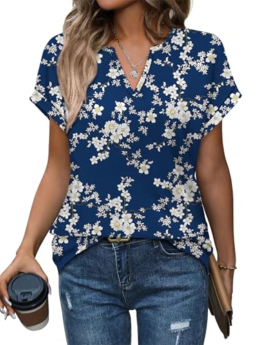 Image of XIEERDUO T Shirts for Women V Neck Rolled Sleeve Summer Tops Tunic Shirts Casual Curved Hem Deep Blue White Floral Ladies Tops Size 18-20 for UK