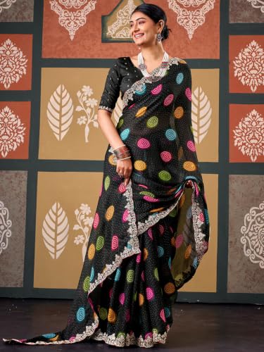 Image of SIRIL Women's Chiffon Bandhani Printed Saree, Sequence Embroidery Border