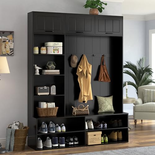 Image of 5-in-1 Hall Tree with Bench, Entryway Storage Organizer Cabinet, Black