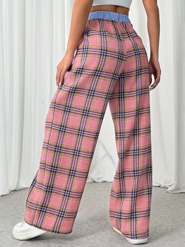 ZAFUL Women's Plaid Wide Leg Pants Y2K Color Block Elastic Waist Button Casual Loose Pants Lounge Pants4