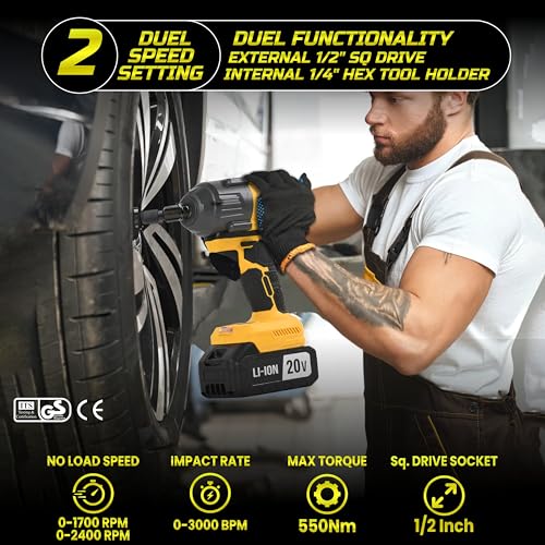 Image of Tomahawk HIW-800 Cordless Impact Fixed Square Wrench 20V - 1 /2 Inch Drive - 3300 Impact Per Minute - 2300 RPM - 550Nm Torque- Led Lights | Impact Wrench for Home, Workshop & Professional Use
