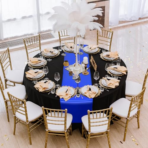 Image of 12Pack 12x108 Inch Satin Table Runner and 84 Inch Round Plastic Tablecloths Set Black and Blue Disposable Round Table Cover for Graduation Wedding Bridal Shower Anniversary Birthday Party Decorations