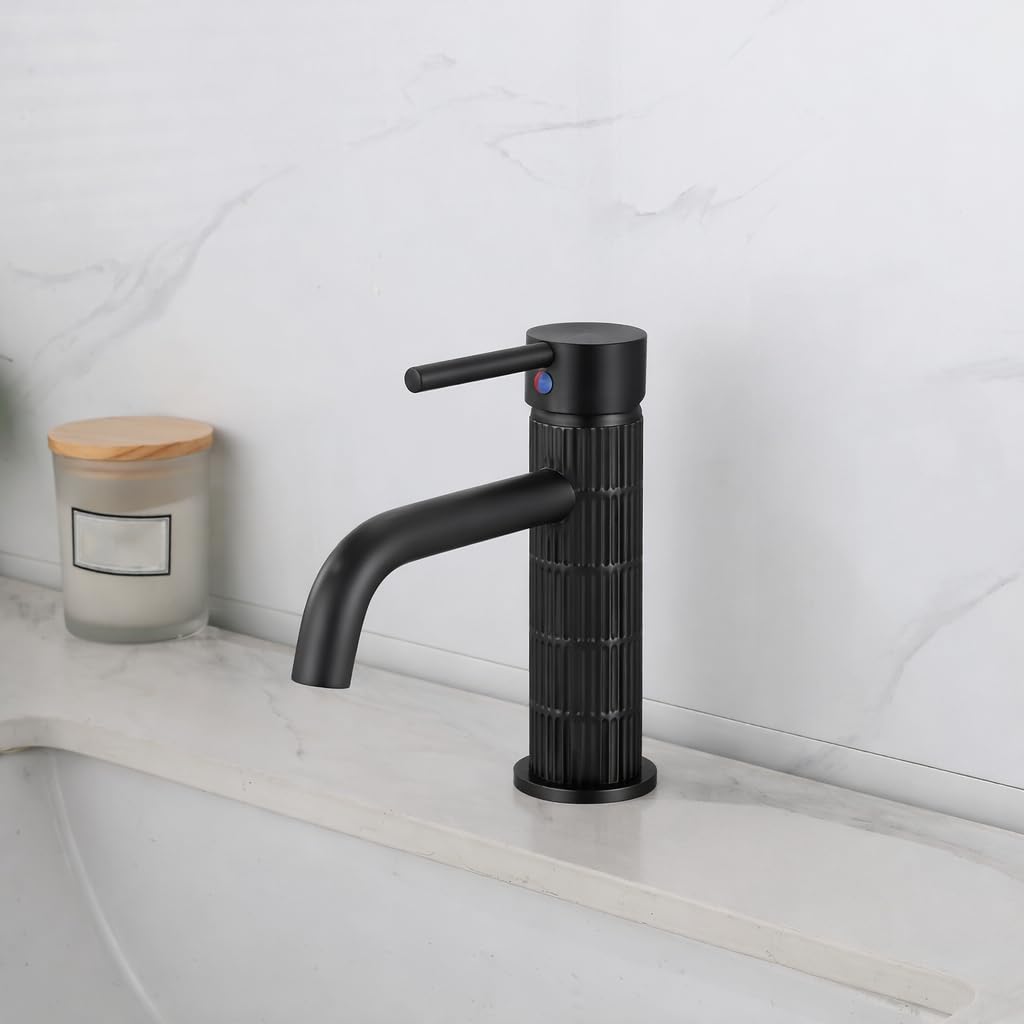 Grifo de lavabo monomando con cuerpo de latón, mezclador para baño, acabado negro mate, cartucho cerámico duradero (Negro mate, Estándar) — view 6