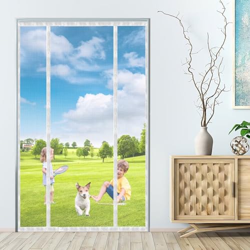 Rideaux Toile Insect Ecran 285x300cm Blanc Magnétique Moustiquaire Rideau Moustiquaire Magnétique Rideau pour Portes Fenêtres Anti Moustiques Mouches