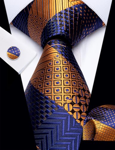 Image of YourTies Striped Plaid Ties for Men Silk Formal Necktie Set | 3.15 inch(8cm) Woven Jacquard Mens Ties with Necktie Pocket Square Cufflink Tie Clip Lapel Pin for Wedding Business Party