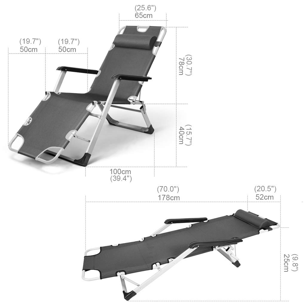 FANDIAO Krzesło - regulowane składane krzesło wypoczynkowe na zewnątrz, obóz, taras, basen, plaża, leżące z poduszkami, nośność 180 kg (czarne)