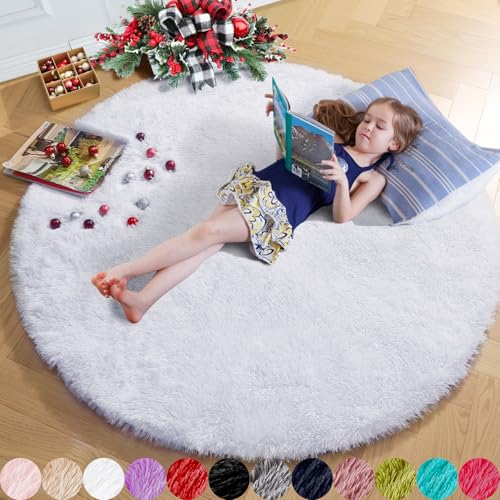 Image of White Round Rug for Bedroom,Fluffy Circle Rug 5'X5' for Kids Room,Furry Carpet for Teen's Room,Shaggy Circular Rug for Nursery Room,Fuzzy Plush Rug for Dorm,White Carpet,Cute Room Decor for Baby