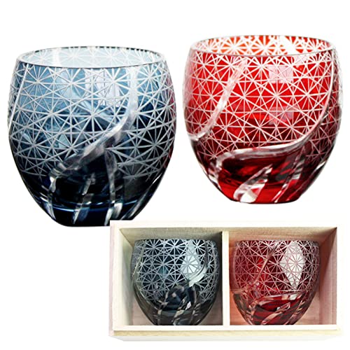 Kiriko Guinomi Cup Pair Set, Kiriko Glasses, Paulownia Box, Gift Box, Boar Mouth, Pair Glasses, Dishwasher Safe, Gift Set, Gift, Mother's Day, Father's Day (Ink Blue/Red) : Home & Kitchen
