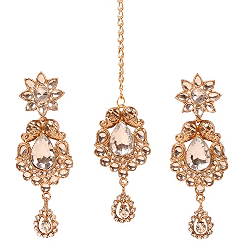NEW! Touchstone Indian Bollywood Traditional Paisley Floral Kundan Polki Diamond Look Designer Jewelry Chandelier Earrings Mangtika Head Accessory Combo In Antique Gold Tone For Women.