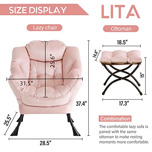 Image of LITA Lazy Chair with Ottoman, Modern Accent Leisure Upholstered Sofa Chair, Contemporary Lounge Reading Chairs with Armrests and a Side Pocket for Living Room, Bedroom & Small Space, Pink