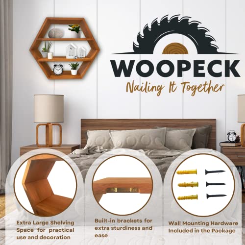 Woopeck Hexagon Shelves For Wall Decor - Large Natural Wood Floating Shelves - Hanging Wall Shelves For Living Room, Bedroom, Bathroom And Kitchen - 21 Inch X 18 Inch X 5.5 Inch #TOP4