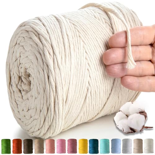 MeriWoolArt Makramee Garn Natur - Makramee Garn 4mm farbig 225m - Super weiches Baumwollgarn einfach gedrehte Makramee Schnur für Makramee Wandbehang Blumenampel Vorhang und Mehr DIY Deco
