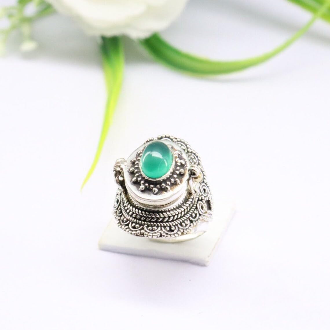 Vintage Green Onyx Poison Ring - Genuine 925 Sterling Silver Plated, Openable Secret Compartment, Handmade Valentines Day Gift