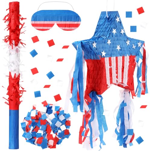 Lunmon Patriotic Piñata Decorations Independence Day Piñata with Blindfold Stick and Confetti for Holiday 4th of July USA Themed Party Supplies Centerpiece Decors(Exquisite)