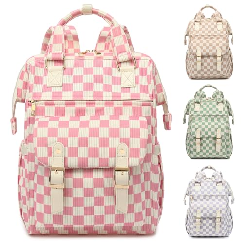 Image of Corduroy Laptop Backpack for Women 15.6 Inch Stylish College School Bookbag, Business Work & Travel Computer Backpacks (Checkered Pink)