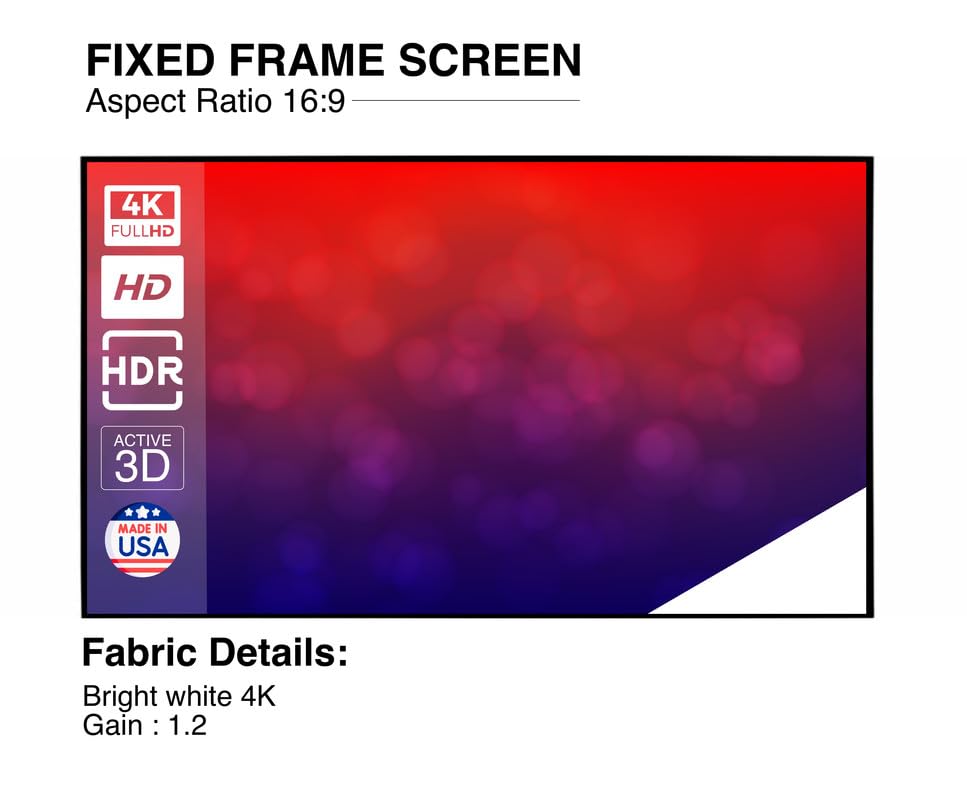 Image of Edgeless Fixed Frame Projector Screen 16:9 Aspect Ratio, 1.2 Gain Active 3D 4K Ultra HD Projection Screen for Classroom, Office & Home Theater (Bright White 4K Edgeless, 150 Inch)
