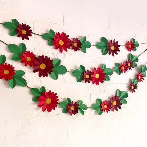 Image of Flower Bunting for Wall Decoration (Red Daisy with Leaves)