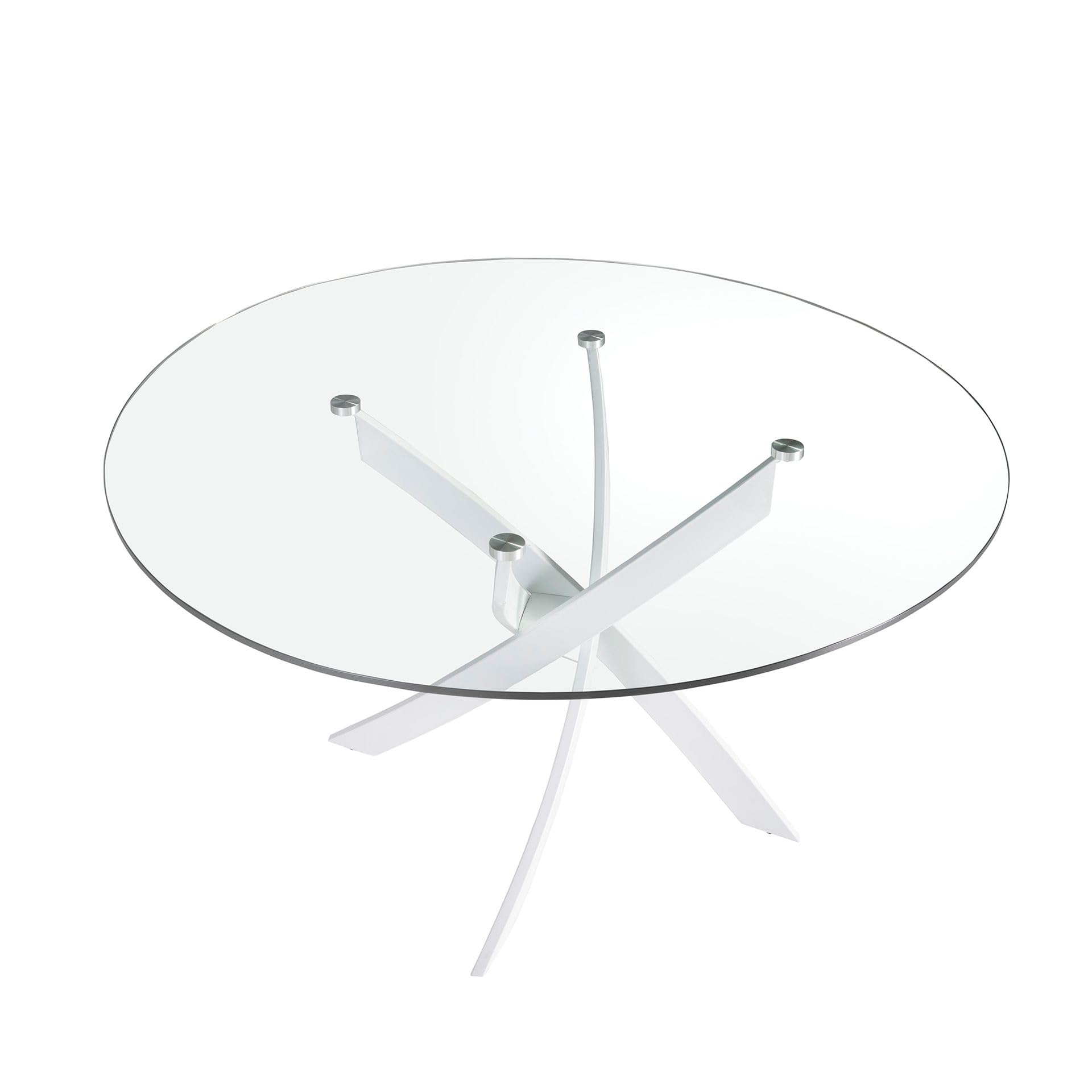 Mesa de Comedor Redonda Ángel Cerdá 1138 de Cristal Templado Transparente y Patas de Acero Color Blanco, Ø 130 x 75 cm