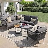 NNJN Set da giardino per 5 – 6 persone, grande set di divani, 6 pezzi, in rattan sintetico, con panca impermeabile e set di cuscini, set di divani angolari modulari per terrazza, balcone (grigio)