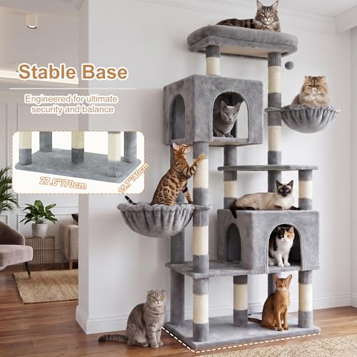 Image of Heybly 68.1 inch Cat Tree with Oversized Top Platform & Wide Base HCT059W | Heavy Duty Cat Tower for Large Indoor Cats with 2 Condos, 2 Hammocks, 10 Sisal Scratching Posts, Stable Cat House, Light Gray