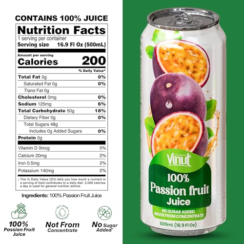 Image of VINUT 100% Passion Fruit Juice, No Added Sugar, Not From Concentrate, 16.9 fl oz (500 mL) Can, Pack of 6