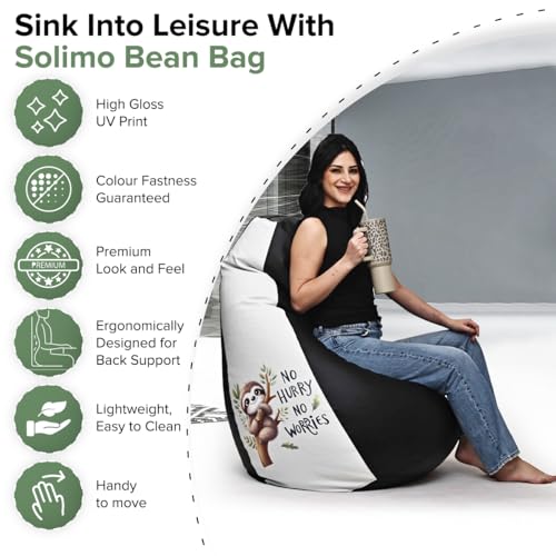 Image of Amazon Brand - Solimo 4XL Premium Faux Leather Bean Bag Combo with Footrest & Cushion, Filled with Beans | Capacity: Upto 6 Ft 5 in Height, 125 KG Weight | No Hurry No Worry Print