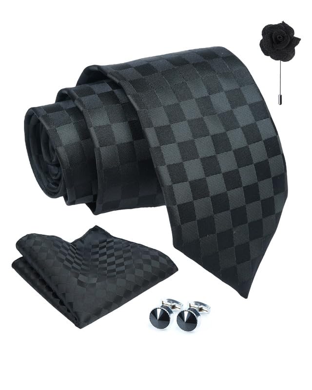 Image of Axlon Tie for Men - Micro Silk Neck Ties Set with Cufflinks Flower Pin, Pocket Square & Black Gift Box, Combo Necktie Sets for Office Wear, Formal Suits & Weddings (0, Checkpn)