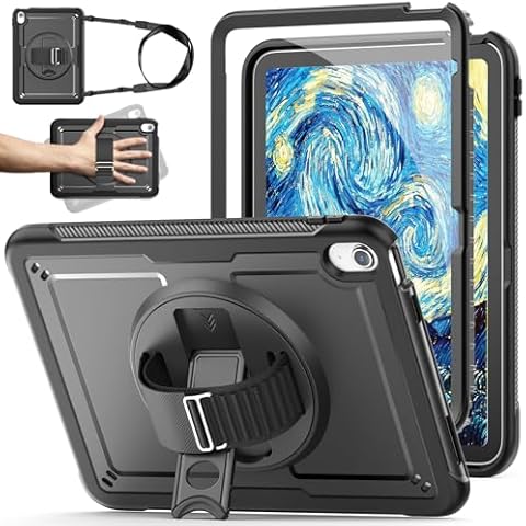 KAIJIAbox Case for iPad 10th Generation Case 10.9 Inch 2022, Full-Body Shockproof Case with Screen Protector, 360° Rotate Stand & Hand Strap, Shoulder Strap, Pen Holder for iPad 10.9 inch Case, Black Cover