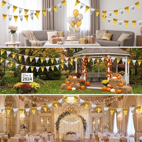 Image of 40M /130FT Gold Silver Triangle Pennant Banner Flag Metallic Fabric Bunting Garland for Christmas Wall Hanging,Graduation Decorations, New Years Decorations,Father' Da