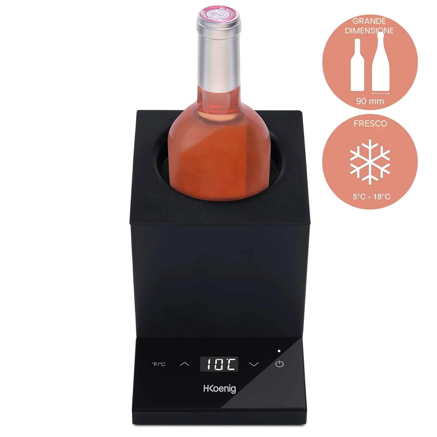 H.Koenig raffreddatore di vino LVX26, refrigeratore, vino bianco e rosso, rosé, champagne, diametro fino a 9 cm, temperatura regolabile da 5°C a 18°C, controllo digitale, sistema termoelettrico, 72 W