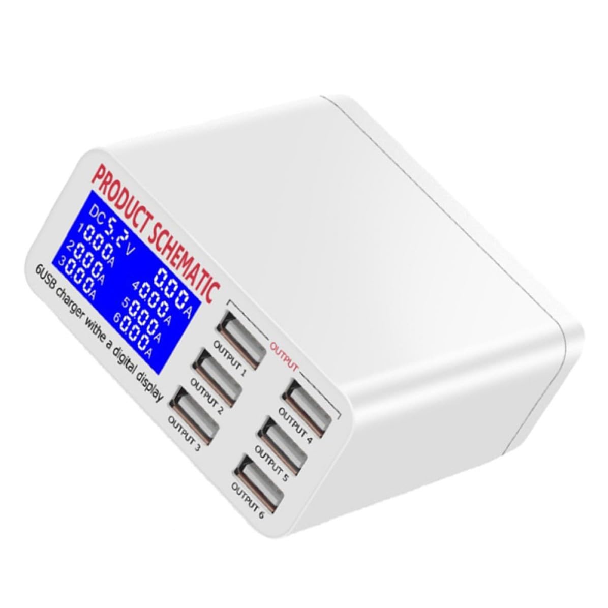 Stazione di Ricarica USB Multipla 40w Display Lcd 6 Porte | Protezione da Sovratensione e Dispersione, Abs e Pc, Bianco, Mostra Tensione