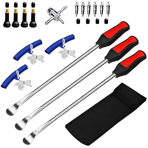 AutoWanderer Tool 15” Tire Spoons Iron Set, Steel Tire Changing Removal Tool for Dirt Bike Lawn Mower Motorcycle|Tire Spoon Lever|Rim Protector|Valve Tool|Valve Cores|Tire Valve Stem TR414&Caps Cover