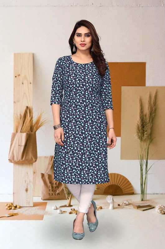 Image of JAKHANA Women's Crepe Printed Casual Straight Calf Length Round Nick Kurta Pack of 4