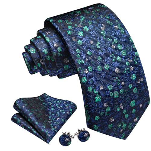 Image of Barry.Wang Flower Ties for Men Silk Woven Floral Tie Sets Necktie Handkerchief Cufflinks Wedding Party