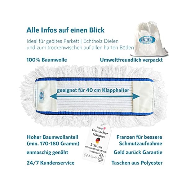 Gizmop 2 x 40 cm Bodenwischer 100% Baumwolle weiss Ersatzbezug Wischmop für Echtholz wie Parkett und Dielen. Profiprodukte für den privaten Haushalt (Baumwolle, 40 cm) (40 cm) – Bild 3