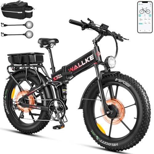 W Wallke 2800W Dual Motor Folding Mountain Electric Bike, Battery 48V 44Ah Long Range e-Bike, 26