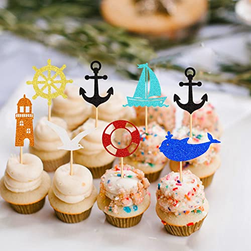 Ercadio 35 Pack Nautical Cupcake Toppers Glitter Anchor Rudder Whale Cupcake Picks Sea Mew Lighthouse Cupcake Decors Ocean Sailing Theme Baby Shower Birthday Party Cake Decorations Supplies #TOP4