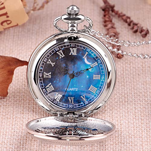 Tiong Quartz Pocket Watch Hollow Steampunk Blue Star Design Roman Numerals Pocket Watch with Chain Christmas Gifts - Image 3