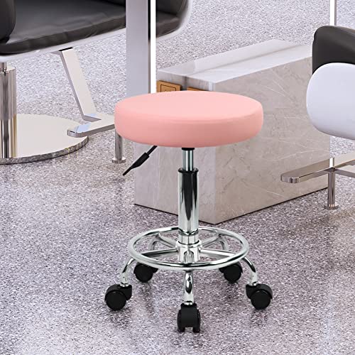 Image of KKTONER PU Leather Round Rolling Stool with Foot Rest Swivel Height Adjustment Spa Drafting Salon Tattoo Work Office Massage Stools Task Chair (Pink)