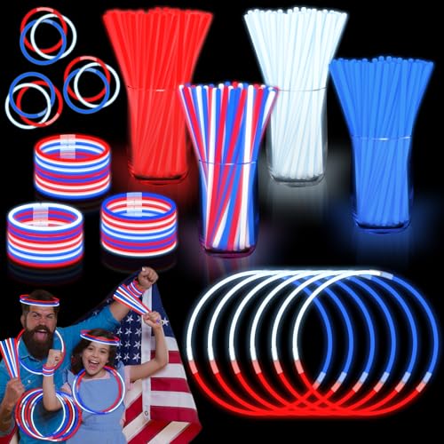 4th of July Red White Blue Glow Sticks Bulk with Connectors 100 PCS Fourth of July Light Up Necklaces Bracelet Accessories for Kids Adults 250th Anniversary Patriotic Party Favors Independence Day