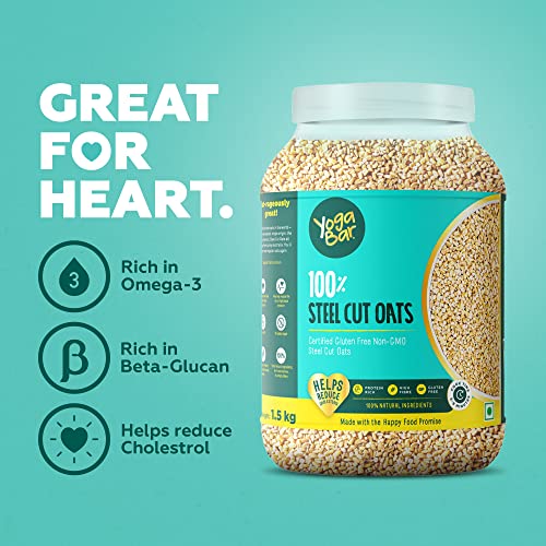 Image of Yogabar Steel Cut Oats 1.5 Kg|Buy 1 + 1 Free|Healthy Protein Breakfast Oatmeal|Premium & Gluten Free Oats|100% Whole Grain, Non Gmo|High In Iron & Fibre|1.5 Kg Pack Of 2|Plain|1 Count