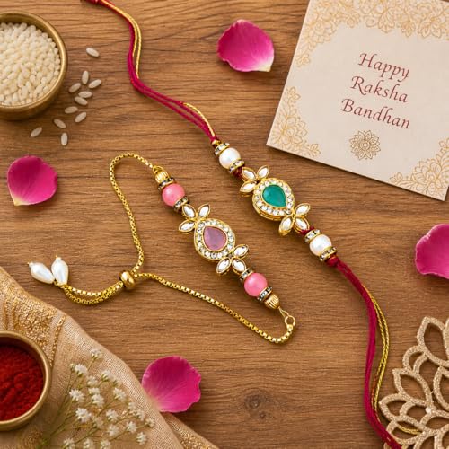 Image of Riddhika Ventures Glorious Gold Plated Religious Diamond Ring Rakhi || Traditional Rakhi Set of 2 & Festive Gift || Rakhi Gift Combo for Bhaiya Bhabhi (J4SM)