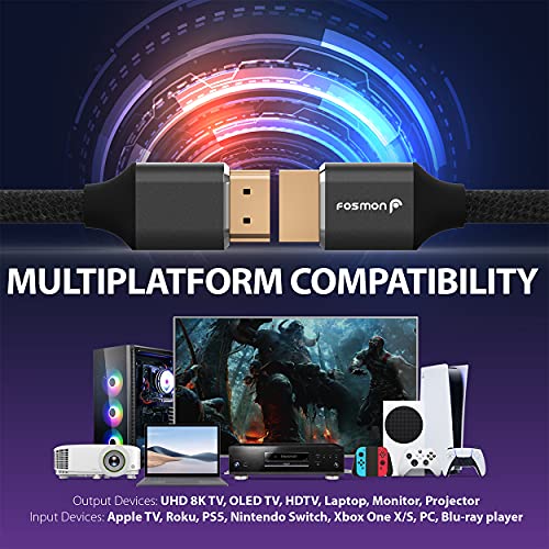 Fosmon Hdmi 2.1 Cable 8K@60Hz 1Ft (2 Pack), Premium Certified In-Wall Cl3 Rated, 48Gbps Ultra High Speed, 4K@120Hz, Dynamic Hdr, Hdcp 2.3, 3D, Earc, 30Awg Cotton Braided Compatible With Uhd Tv & More #TOP2