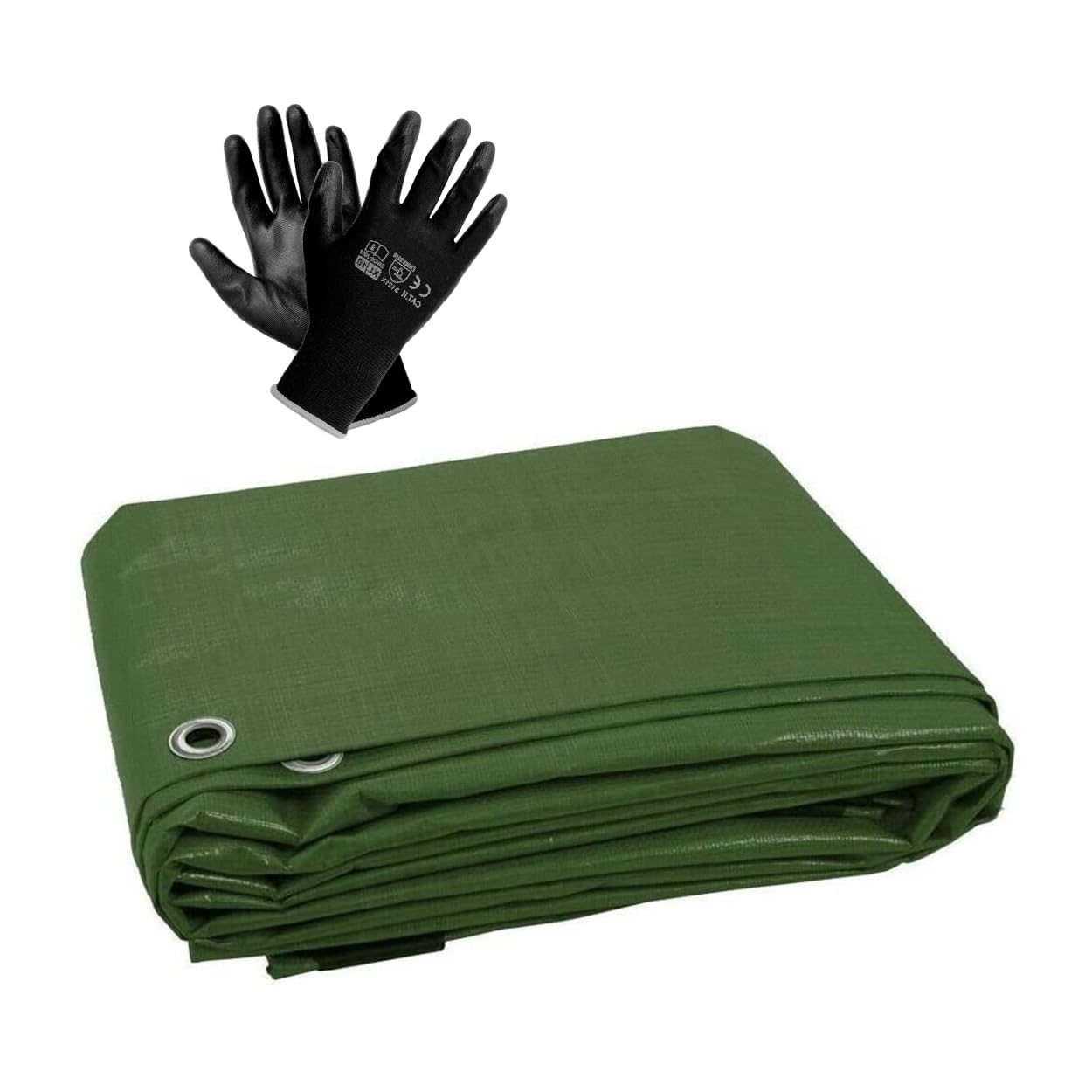 8 x 12 m Tarpaulin Cover - Green 90GSM - Waterproof, Weatherproof, Frost-Resistant, UV Protection, Multipurpose, Universal Groundsheet and Pair of Work Gloves