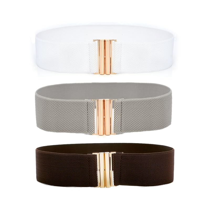 3-Pack Wide Elastic Belts for Women – Vintage Stretch Waist Belt with Golden Buckle, Adjustable Dress Waistband, Stretchy Elastic Belts for Dresses & Skirts（White Gray Coffee）