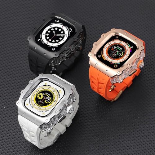 Correa de acero inoxidable de lujo para Apple Watch 44mm y 45mm con funda protectora Agate 6